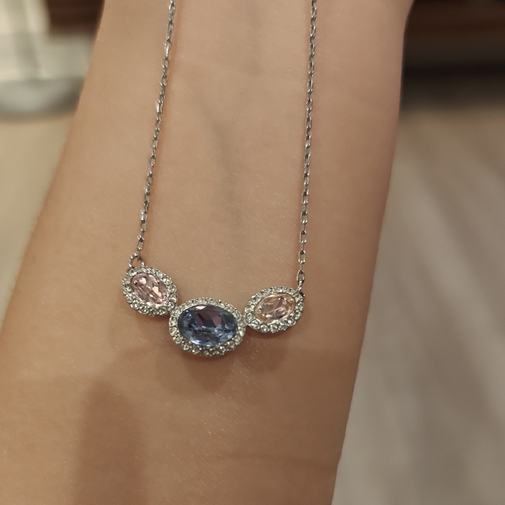 Swarovski Silver Necklace with Blue and Pink Gems